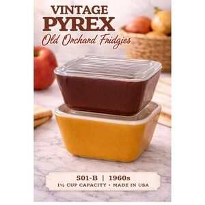 Vintage‎ Pyrex Old Orchard 501-B Fridgies Set of 2 Brown Yellow Glass Lids 1960s
